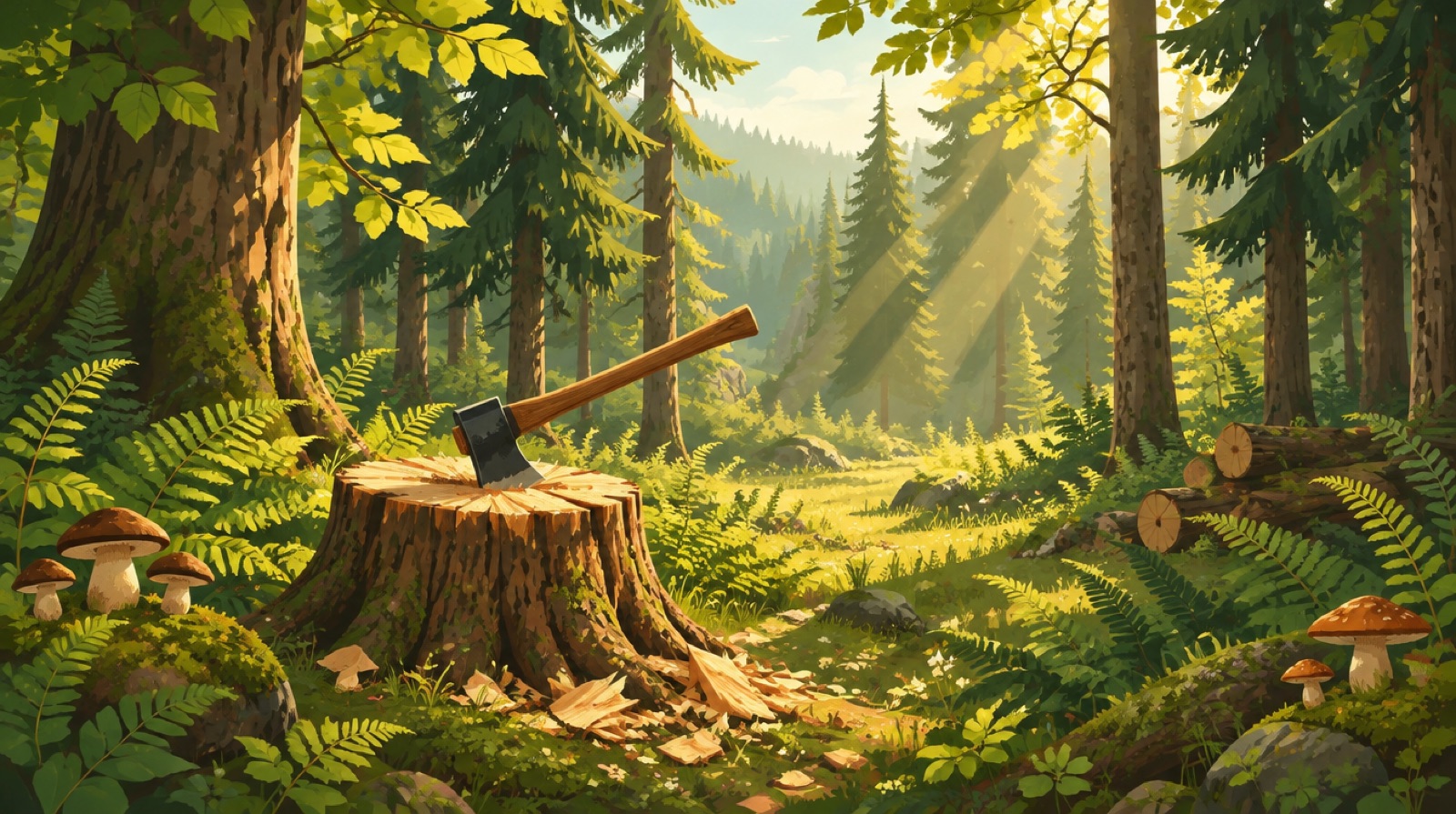Axt im Baumstumpf mitten im sonnigen Wald