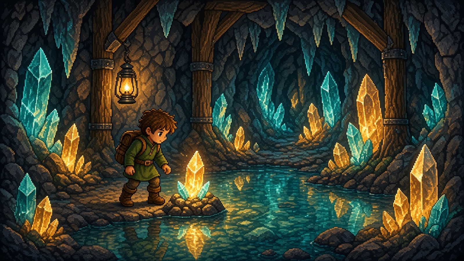 A crystal cave with glowing gems and an underground lake