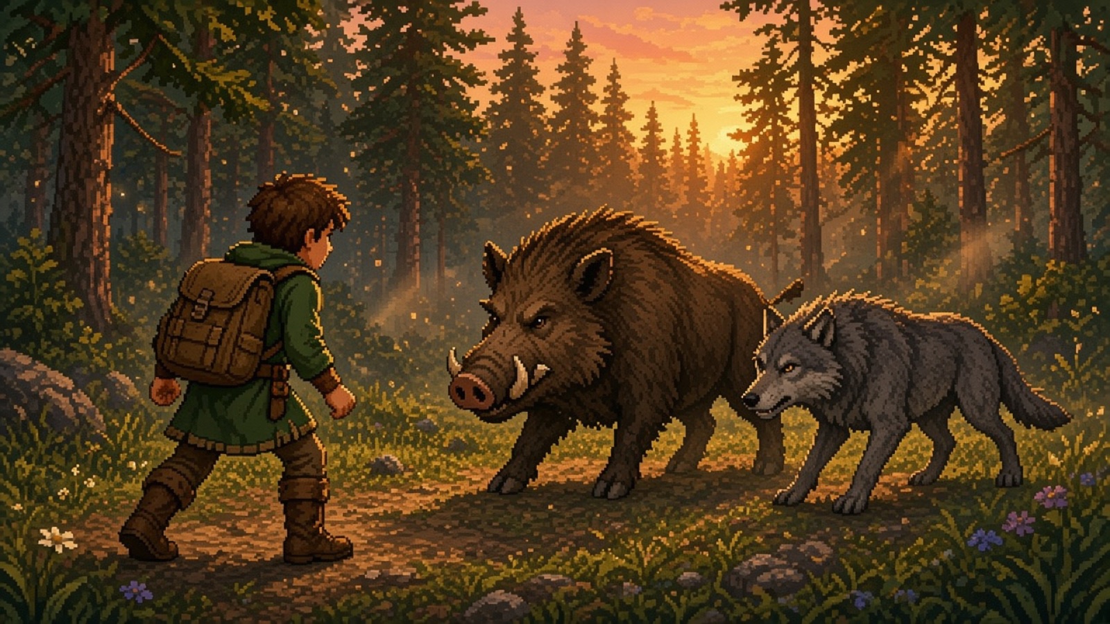 A hero faces a wild boar and a wolf in the forest