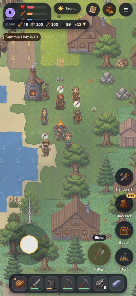 Game scene: village with smelting furnace, campfire and villagers