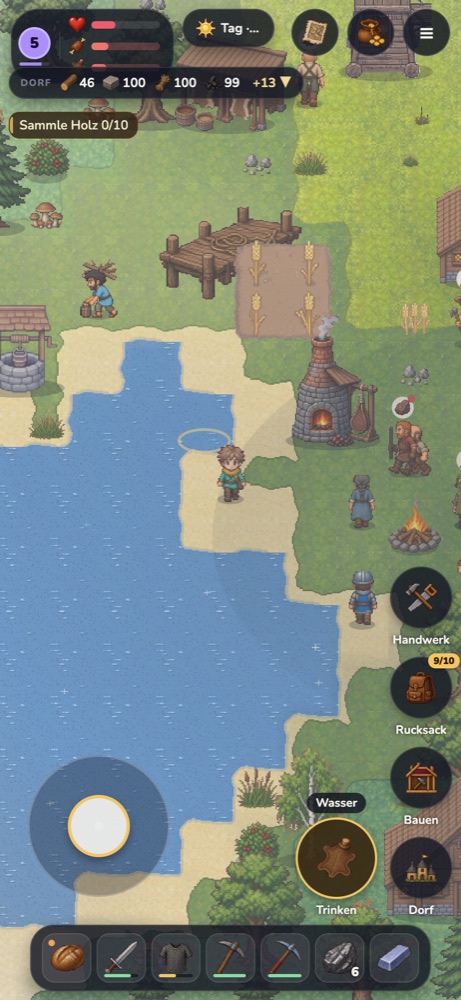 Game scene: shore with jetty, field and villagers