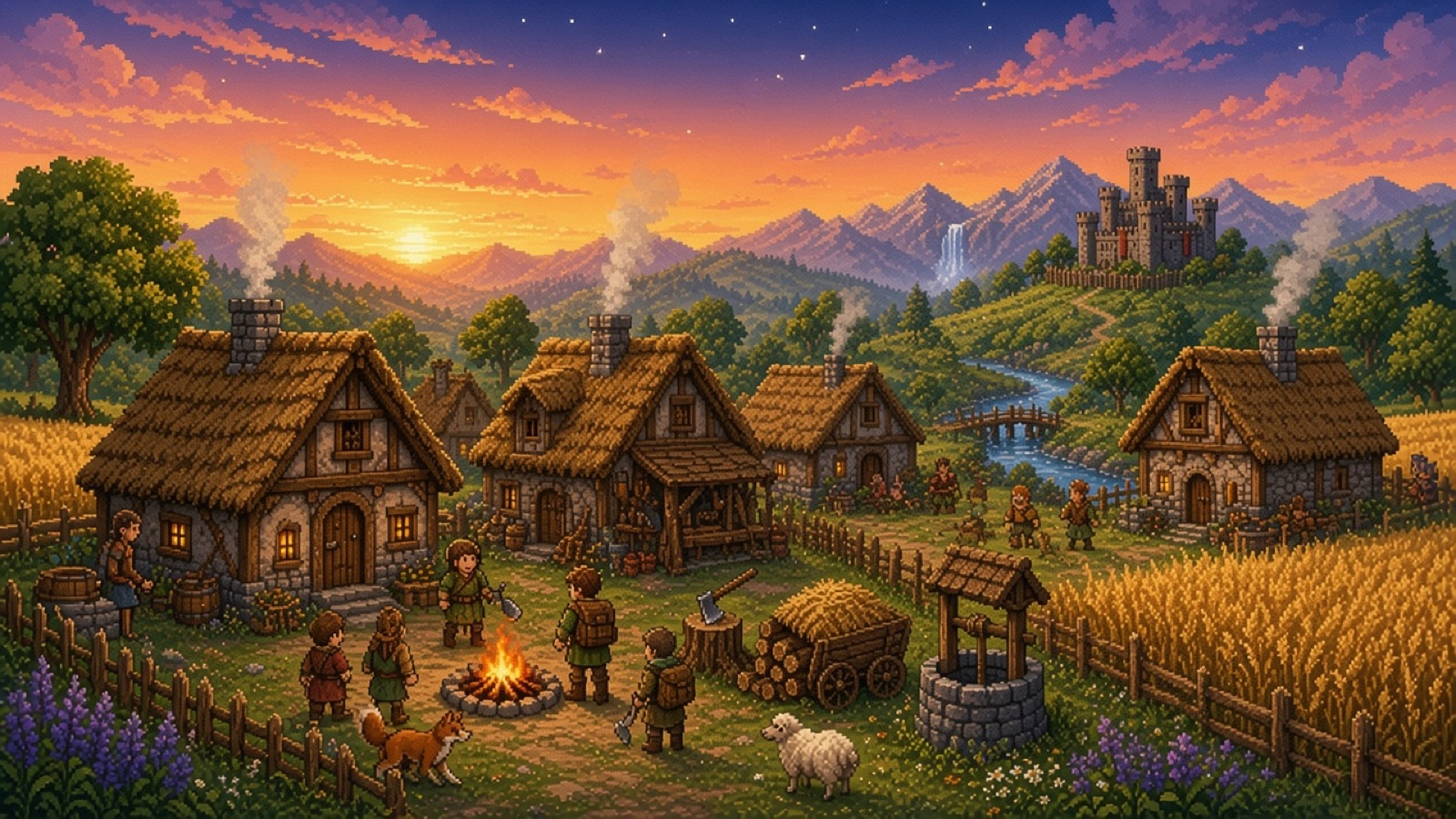 A growing village with thatched roofs, a campfire and wheat fields